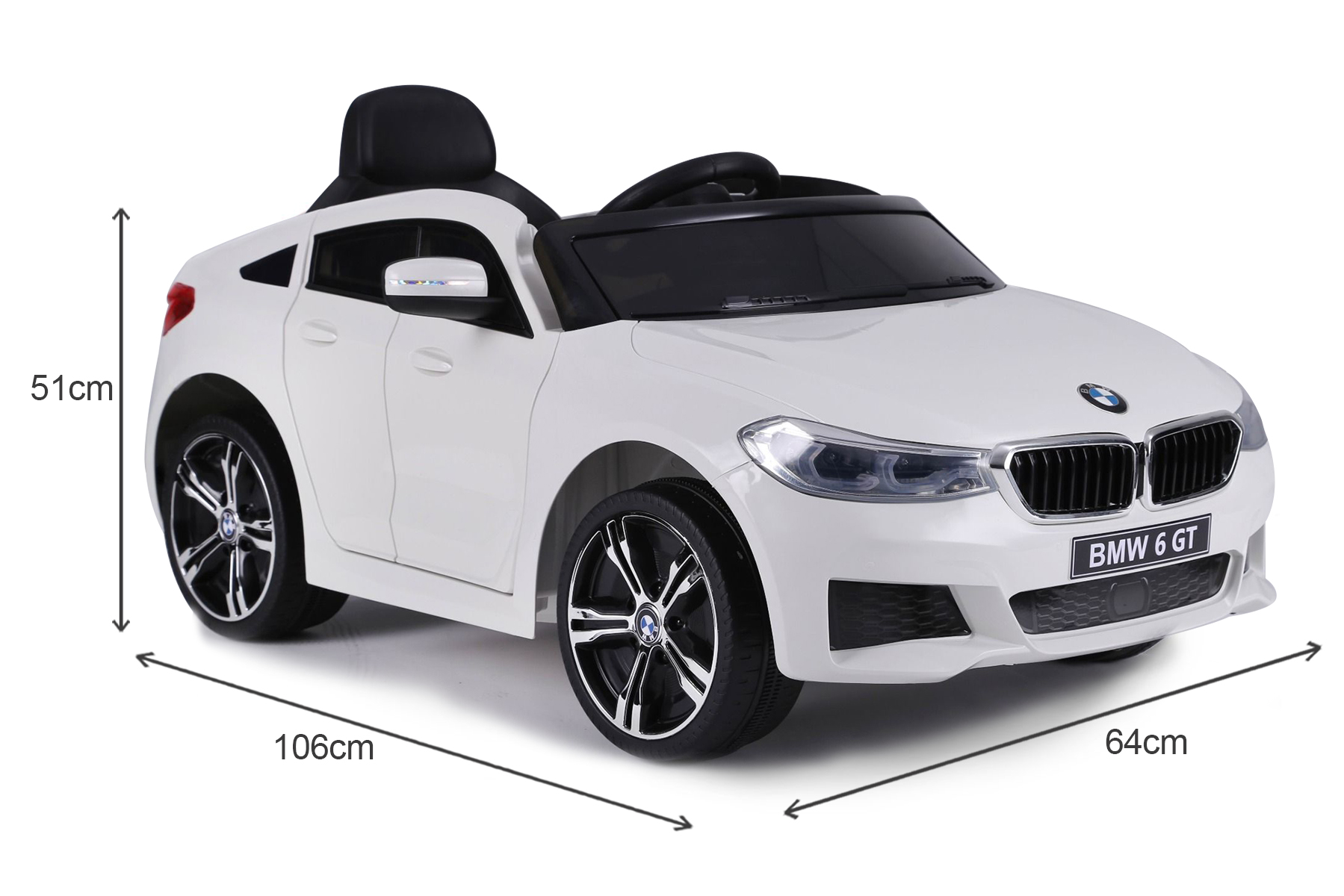 Kip aankomst kubiek Elektrische speelgoed auto BMW 6GT - Enkele stoel, Wit, Originele licentie,  Batterij-aangedreven, Deuren openen, 2x Motor, Batterij 2x 6V / 4 Ah, 2,4  Ghz afstandsbediening, Vlotte start