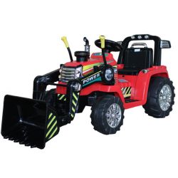 Elektrische Tractor MASTERS met pollepel, rood, Achterwielaandrijving, 12V accu, 2 x 25W motoren, Front pollepel, brede kunststof zitting, 2.4 GHz Afstandsbediening, MP3 speler met AUX ingang, LED Verlichting