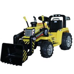 Elektrische Tractor MASTERS met pollepel, geel, Achterwielaandrijving, 12V accu, 2 x 25W motoren, Front pollepel, brede kunststof zitting, 2,4 GHz afstandsbediening, MP3-speler met AUX-ingang, LED-verlichting