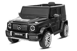 Elektrische Mercedes G-speelauto, nieuw, zwart, originele licentie, batterij-aangedreven, openslaande deuren, enkele stoel, 2 motoren, lithiumbatterij, 2,4 GHz afstandsbediening, achtervering, zachte start
