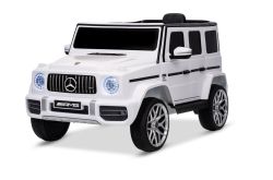 Elektrische Mercedes G-speelauto, nieuw, witte , originele licentie, batterij-aangedreven, openslaande deuren, enkele stoel, 2 motoren, lithiumbatterij, 2,4 GHz afstandsbediening, achtervering, zachte start