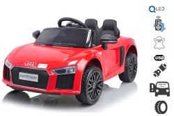 Elektrische auto kind 2 persoons Audi R8 Small, Rood, Originele licentie, Batterijvoeding, Openende deuren, 2x 35W-motor, 12 V-batterij, 2,4 Ghz-afstandsbediening, Zachte EVA-wielen, Vering, Zachte start