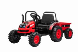 Elektrische tractor POWER met aanhanger, rood, achterwielaandrijving, 12V-accu, kunststof wielen, brede zitting, 2,4 GHz afstandsbediening, mp3-speler met USB,  ledverlichting