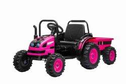 Elektrische tractor POWER met aanhanger, roze, achterwielaandrijving, 12V-accu, kunststof wielen, brede zitting, 2,4 GHz afstandsbediening, mp3-speler met USB, ledverlichting