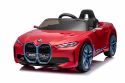 Elektrische loopauto BMW i4, rood, 2,4 GHz afstandsbediening, USB/AUX/Bluetooth, achterwielophanging, 12V accu, LED verlichting, 2 X 25W motor, ORIGINEEL kenteken