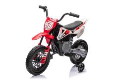 Elektrische zitmotor MOTOCROSS, Rood, 12V batterij, EVA zachte wielen, Lederen stoel, 2 x 25W motor, Vering, Metalen frame, MP3-speler met Bluetooth, hulpwielen