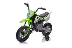 Elektrische motorfiets voor kinderen MOTOCROSS, groen, 12V batterij, zachte EVA-wielen, lederen stoel, 2 x 25W motor, vering, metalen frame, mp3-speler met Bluetooth, extra wielen