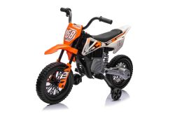 Elektrische loopauto MOTOCROSS, Oranje, 12V accu, EVA zachte wielen, Lederen stoel, 2 x 25W motor, Vering, Metalen frame, MP3-speler met Bluetooth, hulpwielen