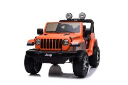 Elektrische auto voor kinderen JEEP Wrangler kinderen elektrische jeep, Oranje, Dubbele kunstleren zitting, radio met Bluetooth en USB-ingang, 4x4-aandrijving, Lithiumbatterij, EVA-wielen, verende assen, 2,4 GHz afstandsbediening, licentie