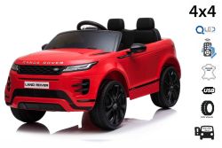 Elektrische speelgoed auto Range Rover EVOQUE, rood, enkele kunstleer zitting, mp3-speler met USB-ingang, 4x4-aandrijving, 12V10Ah-accu, EVA-wielen, geveerde assen, sleutelstart, 2,4 GHz Bluetooth-afstandsbediening, licentie