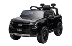Elektrische kinderauto FORD Ranger 12V, zwart, Leren stoel, 2,4 GHz afstandsbediening, Bluetooth/USB-ingang, Vering, 12V accu, Kunststof wielen, 2 X 30W motoren, ORIGINELE licentie