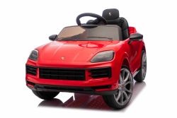 Elektrische kinderauto Porsche Cayenne 12V met achterwielaandrijving – Gelicentieerd (enkele zitplaats), rood, lithiumbatterij, breed zitje, geveerde assen, 2,4 GHz afstandsbediening, MP3-speler met USB/AUX-ingang, LED-verlichting