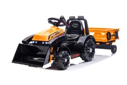 Elektrische Tractor FARMER met pollepel en aanhanger, oranje, achteraandrijving, 6V batterij, Kunststof wielen, brede stoel, 20W Motor, Eenzitter, Stuurbediening, LED-verlichting