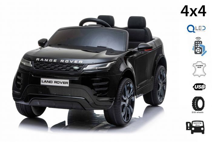 Elektrische auto Range EVOQUE, zwart, dubbele lederen stoel, mp3-speler met USB-ingang, 4x4-aandrijving, 12V10Ah-accu, EVA-wielen, geveerde assen, sleutelstart, 2,4 GHz Bluetooth-afstandsbediening, licentie