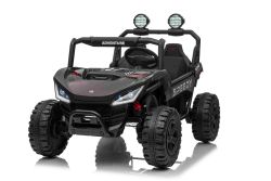 Elektrische kinderauto T-REX Ride 4x4, tweezits, 24V, zwart, MP3-speler met USB/AUX-aansluiting, 4x4-aandrijving, lithiumbatterij, vering, afstandsbediening, LED-verlichting