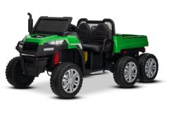 Boerderij elektrische kinderauto RIDER 6X6 24V met vierwielaandrijving 4x 200W, tweezitter, groen, lithiumbatterij, EVA-wielen, kunstleren dubbele stoel, geveerde assen, 2.4 GHz afstandsbediening, MP3-speler met USB/AUX-ingang, Bluetooth.