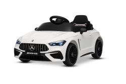 Elektrische kinderauto Mercedes CLE 12V met achterwielaandrijving, wit, eenzitter, lithiumbatterij, LED-verlichting, brede stoel, 2,4 GHz afstandsbediening, MP3-speler met USB/AUX-ingang en Bluetooth-verbinding, ORIGINELE licentie