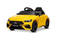 Elektrische kinderauto Mercedes CLE 12V met achterwielaandrijving, gele, eenzitter, lithiumbatterij, LED-verlichting, brede stoel, 2,4 GHz afstandsbediening, MP3-speler met USB/AUX-ingang en Bluetooth-verbinding, ORIGINELE licentie