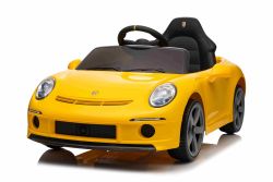 Elektrische kinderauto RUF GT 12V, geel, met openende deuren, 2,4 GHz afstandsbediening, LED-verlichting voor en achter, USB/Aux-ingang, lithiumbatterij, 2 x 35W motor, ORIGINELE licentie