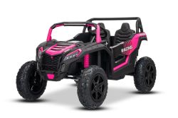 Elektrische UTV XXL 24V kinderauto, roze, tweezitter, motor met differentieel, opblaasbare rubberen wielen, geveerde achterassen, schijfrem, gevoerde stoel, verstelbaar stuur, Bluetooth, MP3-speler met USB/SD-ingang.