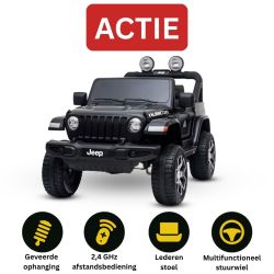 Elektrische auto voor kinderen JEEP Wrangler kinderen elektrische jeep, zwart, Dubbele kunstleren zitting, radio met Bluetooth en USB-ingang, 4x4-aandrijving, Lithiumbatterij, EVA-wielen, verende assen, 2,4 GHz afstandsbediening, licentie