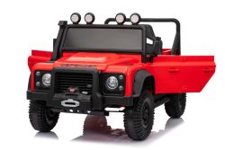 Elektrische speelauto Land Rover Defender 110 SVX 12V, rood, 4X4-aandrijving, LED-verlichting, voor- en achterwielophanging, 2,4 GHz afstandsbediening, USB/AUX-aansluiting, Bluetooth, lithiumbatterij, 4 x 25W motor, ORIGINELE licentie