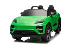Elektrische kinderauto Porsche Macan 12V met licentie, achterwielaandrijving (enkele stoel), groen, lithiumbatterij, brede stoel, geveerde assen, 2,4 GHz afstandsbediening, MP3-speler met USB/AUX-ingang, LED-verlichting
