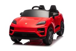 Elektrische kinderauto Porsche Macan 12V met licentie, achterwielaandrijving (enkele stoel), rood, lithiumbatterij, brede stoel, geveerde assen, 2,4 GHz afstandsbediening, MP3-speler met USB/AUX-ingang, LED-verlichting