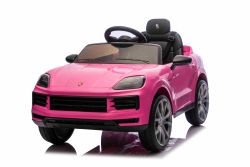 Elektrische kinderauto Porsche Cayenne 12V met achterwielaandrijving – Gelicentieerd (enkele zitplaats), roze, lithiumbatterij, breed zitje, geveerde assen, 2,4 GHz afstandsbediening, MP3-speler met USB/AUX-ingang, LED-verlichting