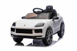 Elektrische kinderauto Porsche Cayenne 12V met achterwielaandrijving – Gelicentieerd (enkele zitplaats), wit, lithiumbatterij, breed zitje, geveerde assen, 2,4 GHz afstandsbediening, MP3-speler met USB/AUX-ingang, LED-verlichting