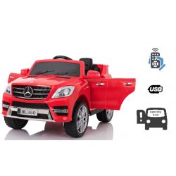 Elektrische auto voor kinderen Mercedes-Benz ML 350, Rood, Originele licentie, Batterij-aangedreven, Openende deuren, Kunststof stoel, 2x motor, 12V-accu, 2,4 Ghz-afstandsbediening, Soepele start, Demping