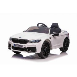 Elektrische rit op auto BMW M5, wit, originele licentie, 24V batterij aangedreven, openende deuren, 2.4 Ghz afstandsbediening, zachte EVA wielen, LED verlichting, soft start, mp3-speler met USB-ingang