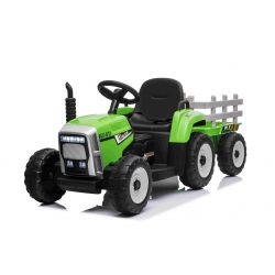 Elektrische trekkers WORKERS met aanhanger, groen, achterwielaandrijving, 12V batterij, EVA wielen, brede lederen zitting, 2,4 GHz afstandsbediening, MP3 speler met USB / SD ingang, LED-verlichting