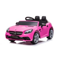Elektrische Loopauto Mercedes-Benz SLC 12V, roze, Kunstleer stoel, 2.4 GHz afstandsbediening, USB/AUX ingang, Achtervering, LED Verlichting, Zachte EVA wielen, 2 X 30W MOTOR, ORIGINEEL kenteken