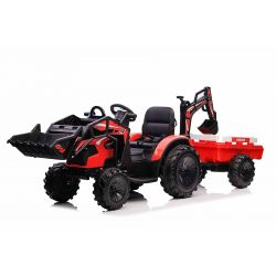 Trekker TOP-WORKER 12V met pollepels en aanhanger, Eenzitter, rood, 2,4 GHz afstandsbediening, zachte PU zitting, MP3-speler met USB-ingang, Achteraandrijving, 2 x 45W Motor, EVA wielen, 12V/10Ah accu