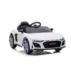 Elektrische rit op auto Audi R8 Spyder NIEUW type, wit, originele licentie, batterij aangedreven, openende deuren, kunststof stoel, 2x 25W motor, 12V batterij, 2,4 GHz afstandsbediening, soepele start, mp3-speler