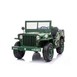 USA ARMY-auto 4X4, Driezitter, MP3-speler met USB / SD-ingang, All wheel suspensie, LED-verlichting, opklapbare voorruit, 12V14AH-batterij, EVA-wielen, kunstleren stoelen, 2,4 GHz-afstandsbediening, 4 x 4 aandrijving