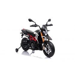 Elektrische motor kind APRILIA DORSODURO 900, Licensed, 12V batterij, EVA zachte wielen, 2 x 18W motoren, Ophanging, Metalen frame, Metalen vork, Hulpwielen, Zwart