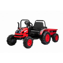 Elektrische tractor POWER met aanhanger, rood, achterwielaandrijving, 12V-accu, kunststof wielen, brede zitting, 2,4 GHz afstandsbediening, mp3-speler met USB,  ledverlichting
