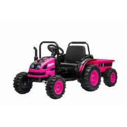 Elektrische tractor POWER met aanhanger, roze, achterwielaandrijving, 12V-accu, kunststof wielen, brede zitting, 2,4 GHz afstandsbediening, mp3-speler met USB, ledverlichting
