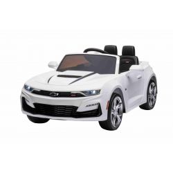 Elektrische loopauto Chevrolet Camaro, Wit, Origineel gekeurd, 12V Batterij Aangedreven, Opengaande Deuren, Kunstleer stoel, 2x 35W Motor, LED Verlichting, 2.4 Ghz afstandsbediening, Zachte EVA wielen, Soepele start