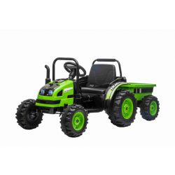 Elektrische tractor POWER met aanhanger, groen, achterwielaandrijving, 12V-accu, kunststof wielen, brede zitting, 2,4 GHz afstandsbediening, mp3-speler met USB,  ledverlichting