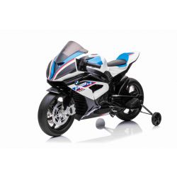 Elektrische motor BMW HP4 RACE 12V, gelicentieerd, wit, 12V batterij, EVA zachte wielen, 2 x 35W motoren, vering, metalen frame, metalen vork, hulpwielen