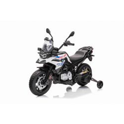 Elektrische motor BMW F850 GS, gelicentieerd, 12V-batterij, EVA-zachte wielen, 2 x 35W-motoren, LED-verlichting, hulpwielen, MP3-speler met USB / Aux-ingang, wit
