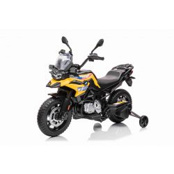 Elektrische motor BMW F850 GS, gelicentieerd, 12V-batterij, EVA-zachte wielen, 2 x 35W-motoren, LED-verlichting, hulpwielen, MP3-speler met USB / Aux-ingang, geel