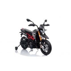 Kindermotors APRILIA DORSODURO 900, Licensed, 12V batterij, EVA zachte wielen, 2 x 18W motoren, Ophanging, Metalen frame, Metalen vork, Hulpwielen, Zwart