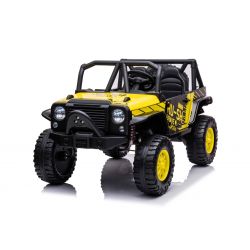 Elektrische auto Raptor XXL 24V, geel, 4 x 50 W Motoren, EVA-wielen, Elektrische rem, Dubbele kunstleren stoelen, Verende assen, MP3-speler, USB, AUX-ingang, LED-verlichting