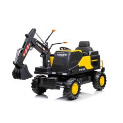 Elektrische loopauto Volvo Excavator Graafmachine 12V met voorste graaflepel, Enkele stoel, geel, zacht kunstlederen stoel, MP3-speler met USB/TF/AUX-ingang, Achteraandrijving, 2 x 35W Motor, EVA wielen, 12V/14Ah accu, Licentie