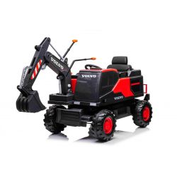 Elektrische loopauto Volvo Excavator Graafmachine 12V met graaflepel voor, Enkele stoel, rood, zacht kunstlederen stoel, MP3-speler met USB/TF/AUX ingang, Achteraandrijving, 2 x 35W Motor, EVA wielen, 12V/14Ah accu, Licentie