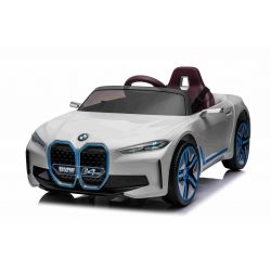 Elektrische loopauto BMW i4, wit, 2,4 GHz afstandsbediening, USB/AUX/Bluetooth, achterwielophanging, 12V accu, LED verlichting, 2 X 25W motor, ORIGINEEL kenteken